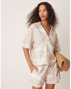 Vila boxy polo detail top co-ord in oversized tonal leaf print
