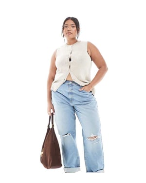 ASOS DESIGN Curve hög midja avslappnade mom-jeans i ljus tvätt med knäskärningar
