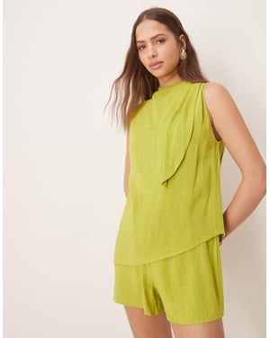 ASOS DESIGN linen double layer neck tie detail playsuit in lime green