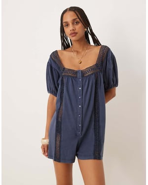 ASOS DESIGN broderie square neck button down puff sleeve playsuit in washed denim blue