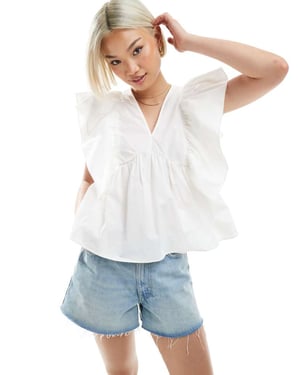 ASOS DESIGN V-ringad topp med volangärm och peplum i vitt