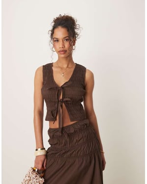 Glamorous shirred tie front top in brown co-ord