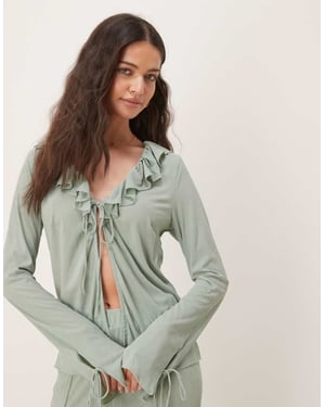 Vila textured ruffle tie front jersey top co-ord in milieu green