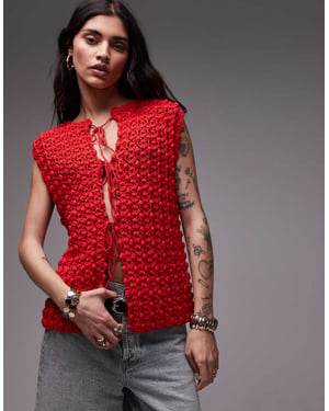 Topshop knitted premium hand knit tie waistcoat in red