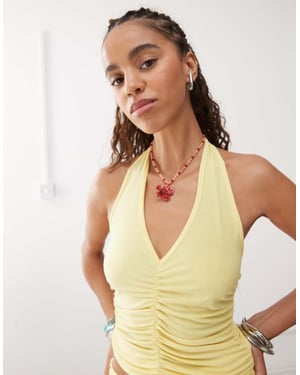 Reclaimed Vintage halter neck top with gathered seams co-ord in butter yellow