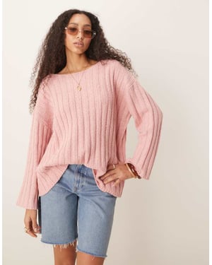 ASOS DESIGN knitted slash neck textured rib jumper in pink