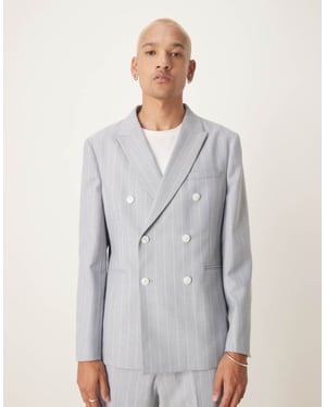 ASOS DESIGN slim suit jacket with linen in blue pinstripe