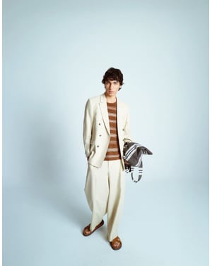 Topman double breasted linen blend blazer in stone