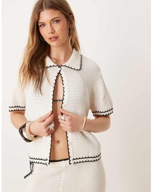 ASOS DESIGN knitted beach co ord button through top with contrast scallop stitch in cream