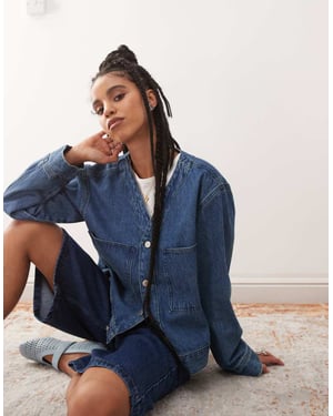 Återvunnen vintage denim baseballskjorta i medelblå tvätt