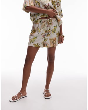 Topshop koordinerat högmidjade drawcord linne shorts i flerfärgad tryck