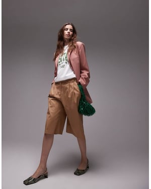 Topshop longline 3/4-längd dubbel veckad shorts i kamel