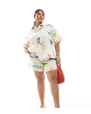Pieces Curve hög midja shorts set i krämfärgad samtalsmönster