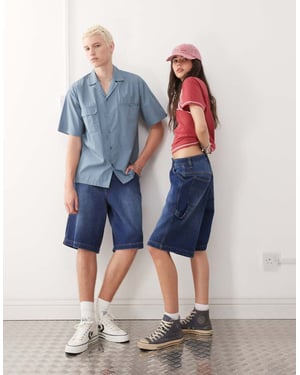 Återvunnen vintage unisex denim skate shorts i denimblå tvätt