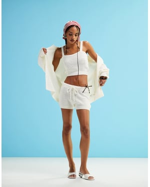 ASOS DESIGN stickad söm mini shorts set i krämfärg