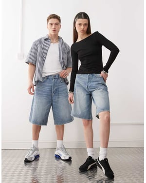 Weekday Astro unisex baggy denim shorts i blått