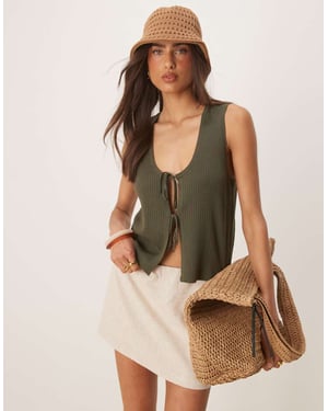 JDY tie front reversible knitted vest in khaki