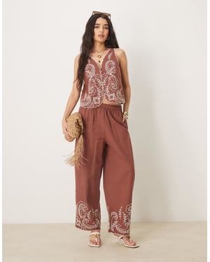 ASOS DESIGN linen blend wide leg scallop edge embroidered trousers co-ord in mocha