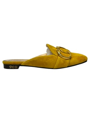 Charlotte Olympia Buckle Detail Mules in Yellow Velvet