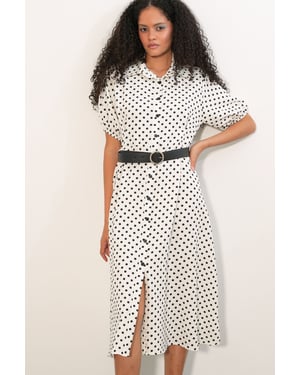 Gepunktece Makkelijk Midi Shirtjurk met Ceintuur