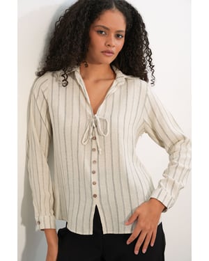 Gestreepte Linnenmix Shirt met Strikdetail