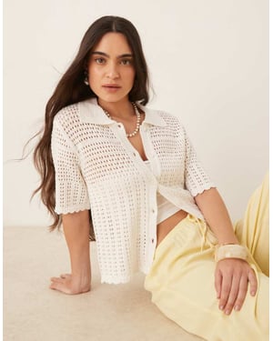 JDY open knit polo cardigan in white
