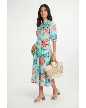 Floral Puff Sleeve Pintuck Midi Dress