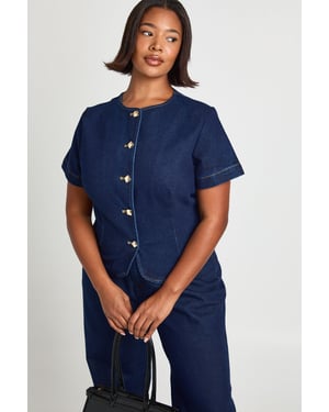 Plus Gold Button Short Sleeve Denim Top