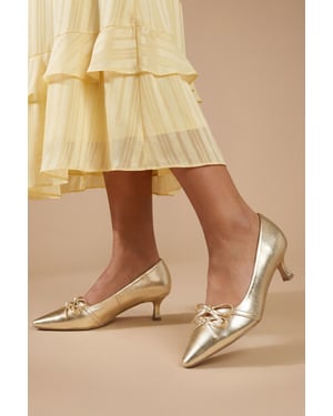 Rita Faux Metallic Leather Double Bow Mary Jane Kitten Heel Court Shoes