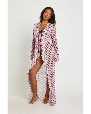 Polka Dot Ruffle Detail Mesh Maxi Beach Kimono
