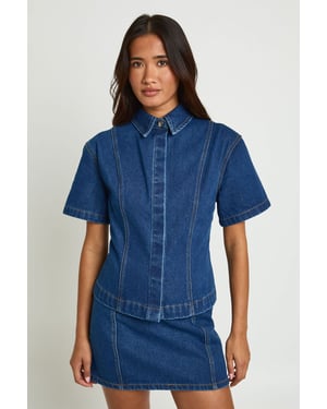 Concealed Placket Cinched Denim Shirt