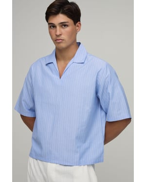 Oversized Boxy Poplin Stripe V-Neck Polo