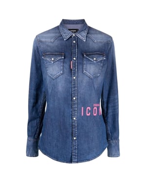 Dsquared2 Icon Print Western Denim Blue Shirt