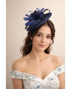 Feather & Bow Disc Fascinator in Navy