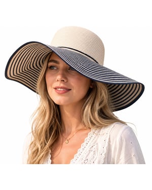 Ladies Wide Brim Striped Sun Hat Foldable Adjustable Beach Hat in Black