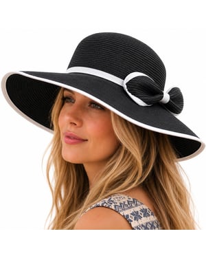 Ladies Wide Brim Foldable Sun Hat Adjustable Summer Beach Hat in Black