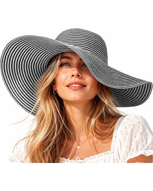Ladies Extra Wide Brim Striped Sun Hat Foldable Summer Beach Hat in Black