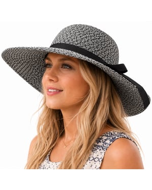 Ladies Wide Brim Woven Sun Hat Adjustable Summer Beach Hat in Black