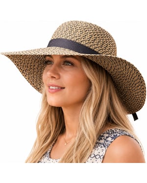 Ladies Wide Brim Woven Sun Hat Adjustable Summer Beach Hat in Tan