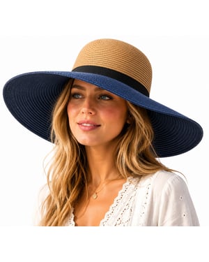 Women’s Colour Block Wide Brim Sun Hat Adjustable Beach Hat in Navy