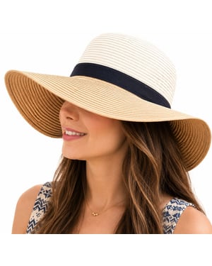 Women’s Colour Block Wide Brim Sun Hat Adjustable Beach Hat in Beige