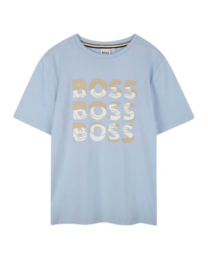 Boss T-shirt met gestapeld logo en ronde hals voor kinderen (Perzisch Blauw)