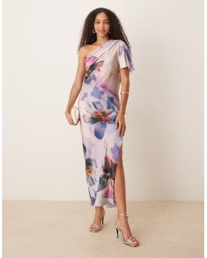 ASOS DESIGN satin one shoulder flutter sleeve midi dress in painted floral