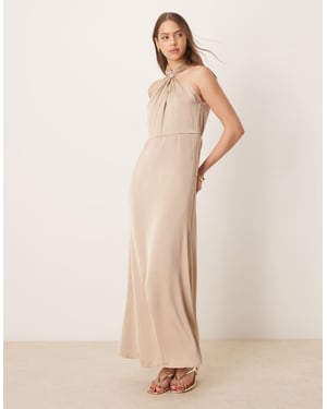 Vila satin twist halterneck midi dress in beige