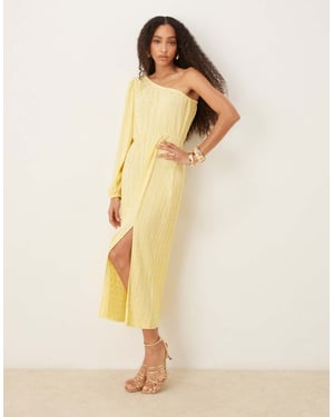 YAS foil spot plisse one shoulder maxi dress in pale yellow