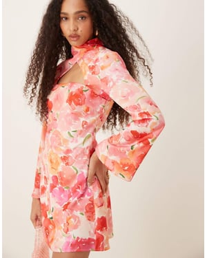 YAS high neck cut out satin mini dress in floral print