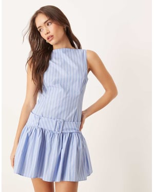 ASOS DESIGN drop waist mini dress with belt detail in blue stripe