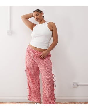 Noisy May Curve wide leg tie detail trouser in red gingham