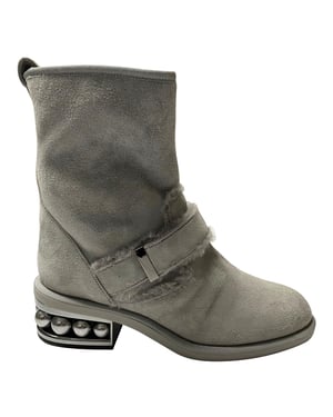 Nicholas Kirkwood Casiti Pearl Embellished Biker Boots in Grey Suede