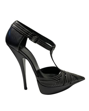 Balenciaga T-Strap Contrast Stitch Heels in Black Leather